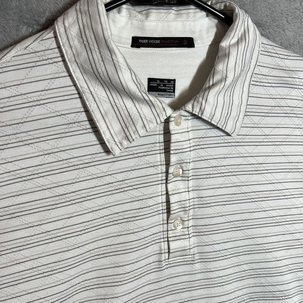 Tiger Woods Collection Polo Shirt Mens XL Nike Fit Dry White Stripe/Diamond Golf
